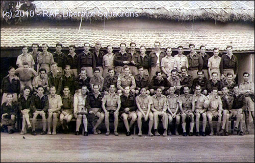 RAF 159 Squadron B-Flight (Photo taken 27 January 1944 at Digri, West Bengal, India) TOP ROW, LEFT TO RIGHT: 1. F Sgt Bill Kirkness DFM WOP/AG 2. F Sgt. E.J. O'Connor AG 3. Sgt George Moth WOP/AG 4. Unidentified 5. F/Sgt R.H. Pryde WOP/AG 6. Sgt George Plank WOP/AG 7. Sgt Stan Wilson (American) WOP/AG? 8. Sgt Jack R. O'Brien AG 9. F Sgt W. Davey AG 10. Sgt W. Lear AG 11. Sgt S.P. Blackburn? WOP/AG 12. F Sgt G.E.T. White AG 13. 